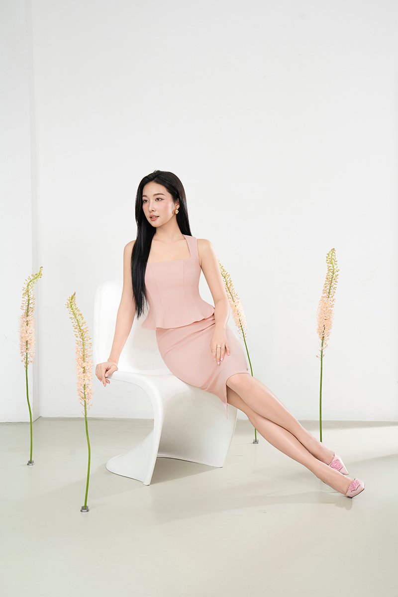 Asa Queen Anne Peplum Pencil Dress in Nude Pink