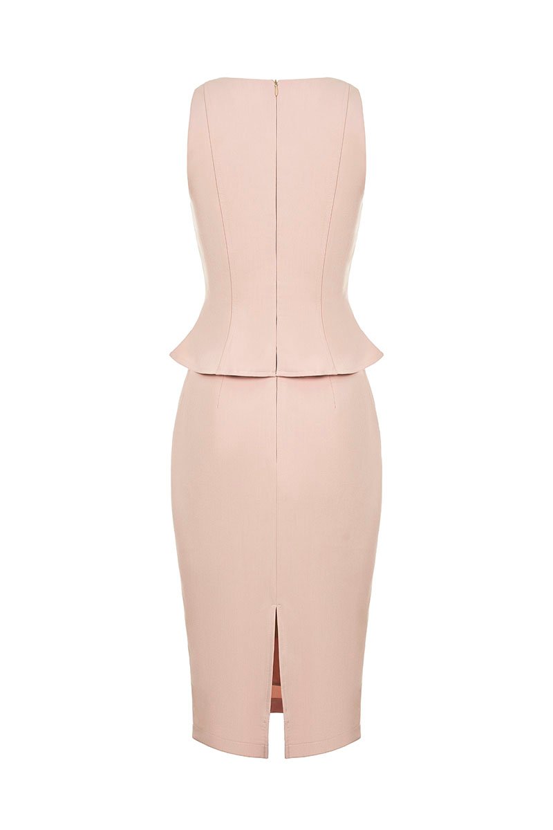 Asa Queen Anne Peplum Pencil Dress in Nude Pink