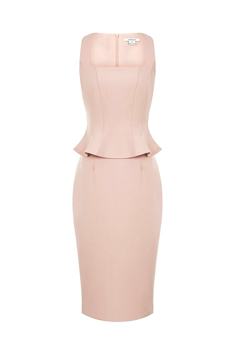 Asa Queen Anne Peplum Pencil Dress in Nude Pink