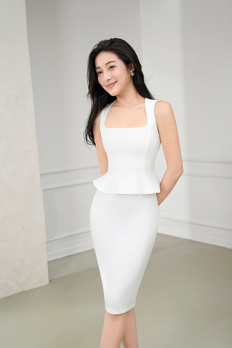 Asa Queen Anne Peplum Pencil Dress in Iconic White