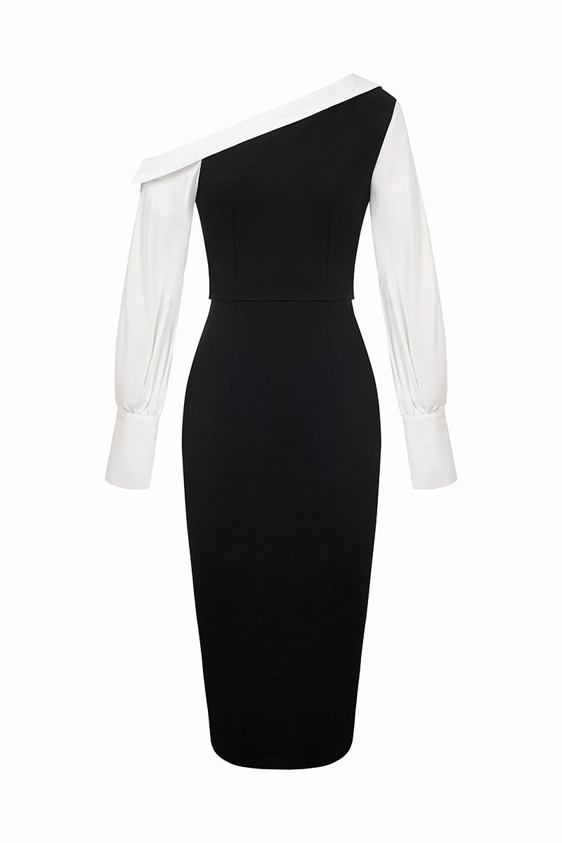 Bora Padded Asymmetrical Contrast Pencil Dress in Classic Black