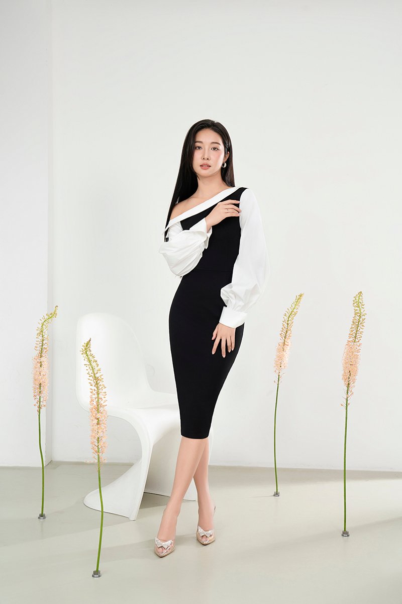 Bora Padded Asymmetrical Contrast Pencil Dress in Classic Black