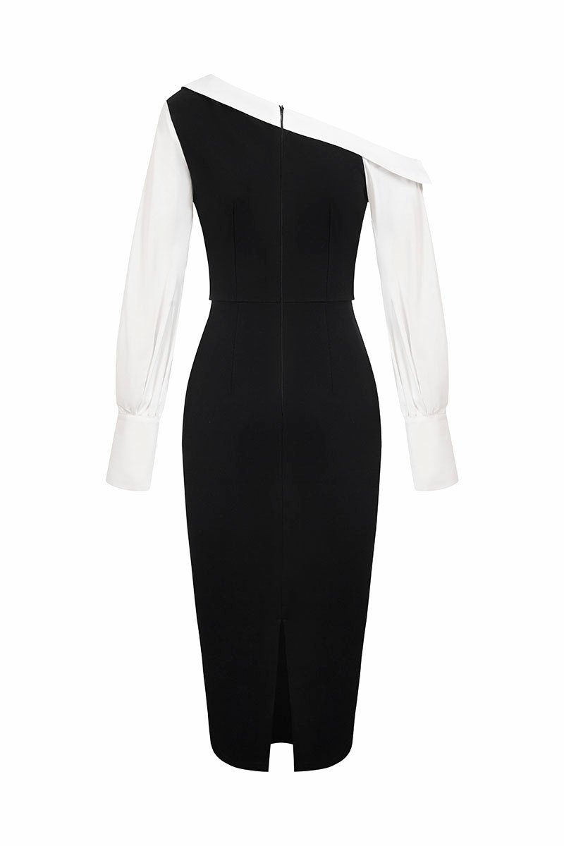Bora Padded Asymmetrical Contrast Pencil Dress in Classic Black
