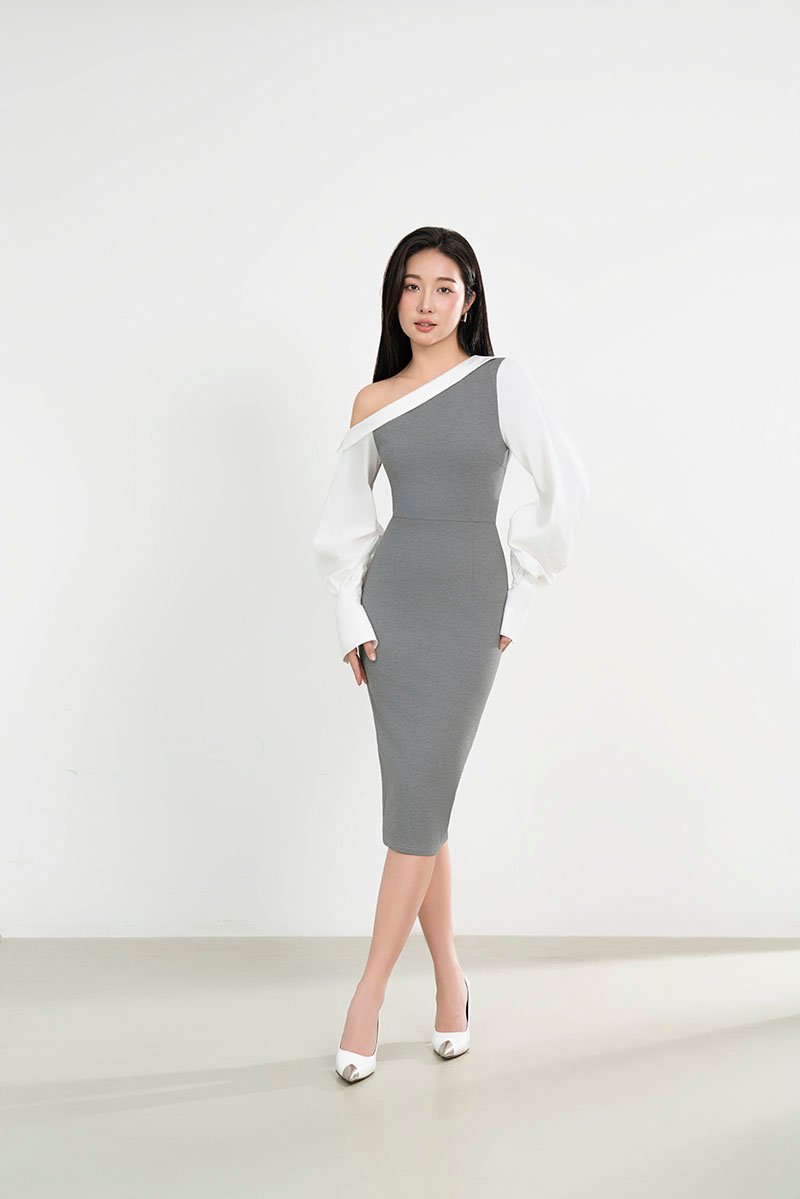 Bora Padded Asymmetrical Contrast Pencil Dress in Light Grey