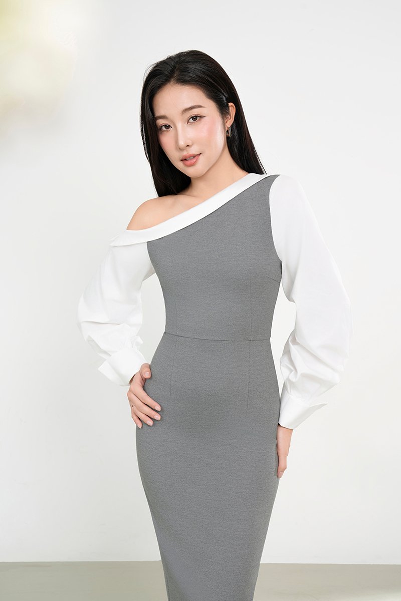Bora Padded Asymmetrical Contrast Pencil Dress in Light Grey