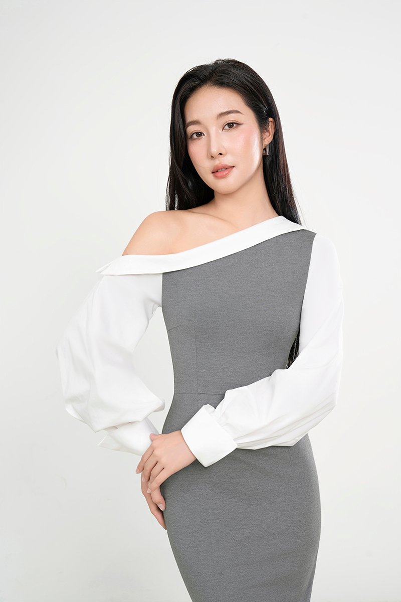 Bora Padded Asymmetrical Contrast Pencil Dress in Light Grey