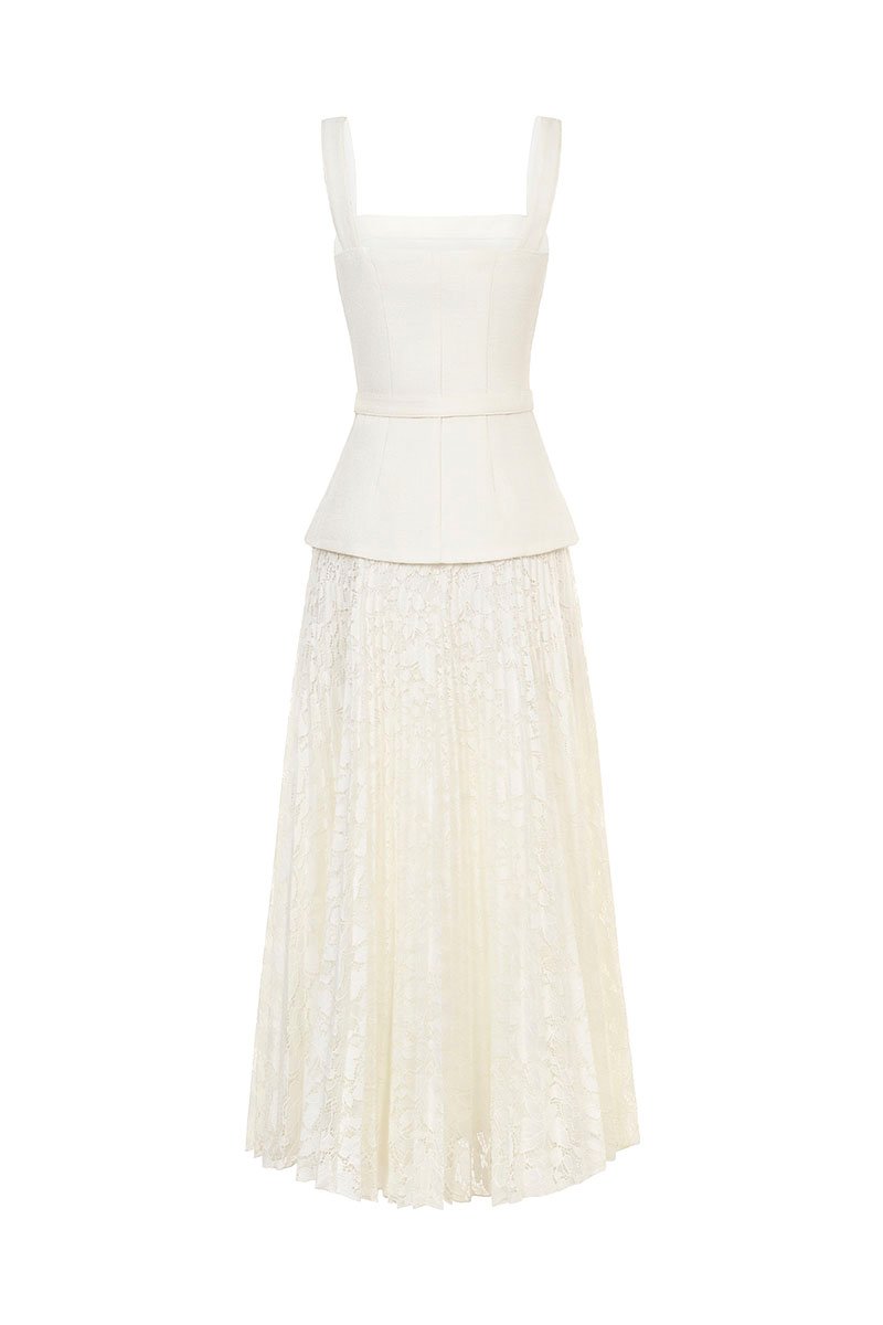 Dasom Padded Square Neck Pleated Midi Dress in Vanilla Cream