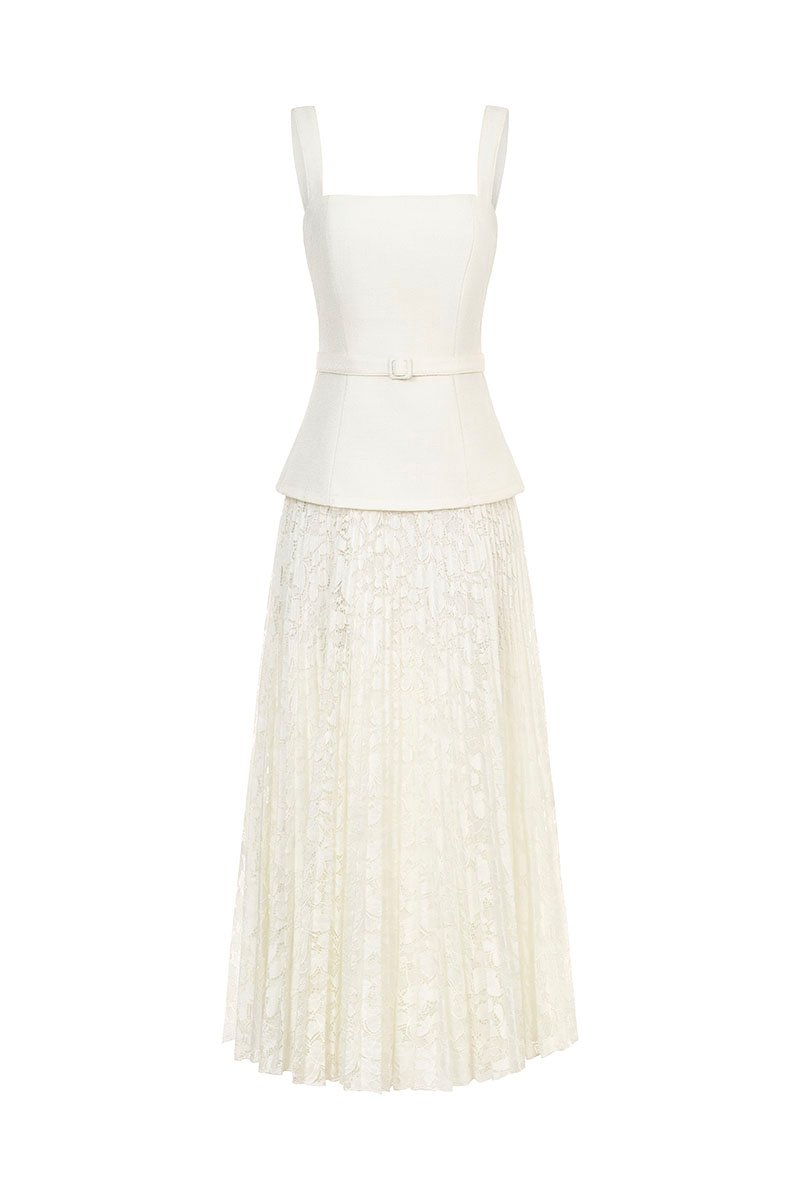 Dasom Padded Square Neck Pleated Midi Dress in Vanilla Cream