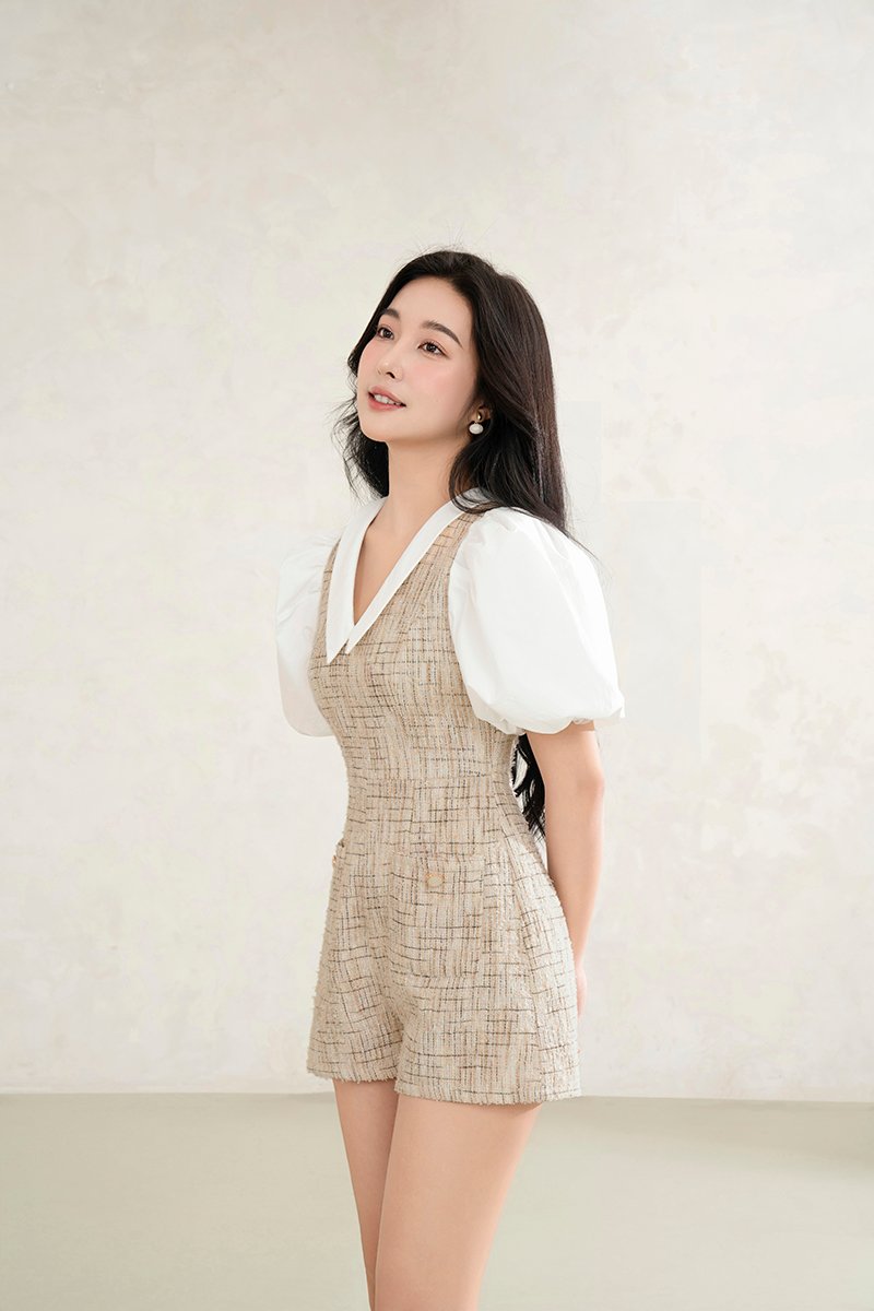 Iseul 2-Way Tweed Romper in Toffee Tweed