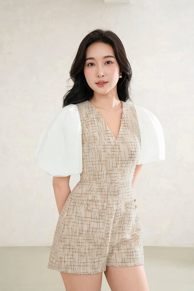 Iseul 2-Way Tweed Romper in Toffee Tweed