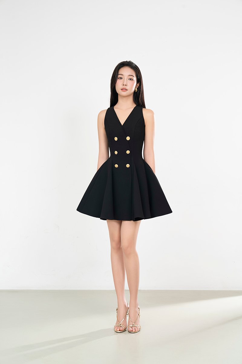 Joohyun Gusset Flare Mini Dress in Classic Black