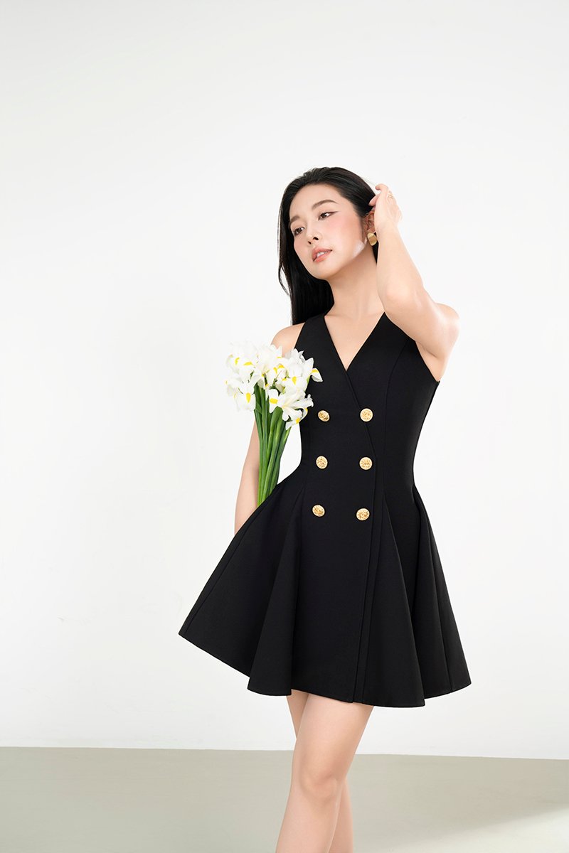 Joohyun Gusset Flare Mini Dress in Classic Black