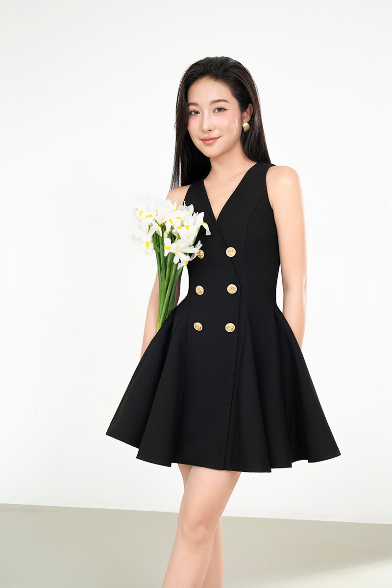 Joohyun Gusset Flare Mini Dress in Classic Black