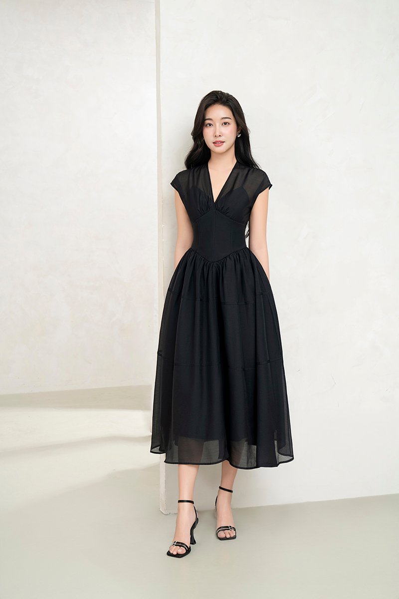 Narin Soft Corset Tier Midi Dress in Classic Black
