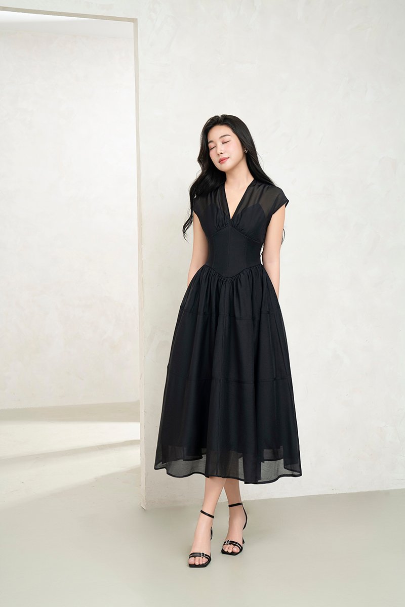 Narin Soft Corset Tier Midi Dress in Classic Black