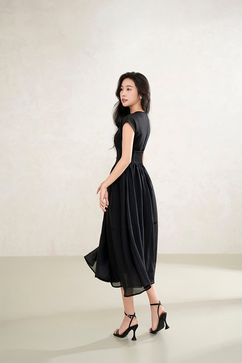 Narin Soft Corset Tier Midi Dress in Classic Black