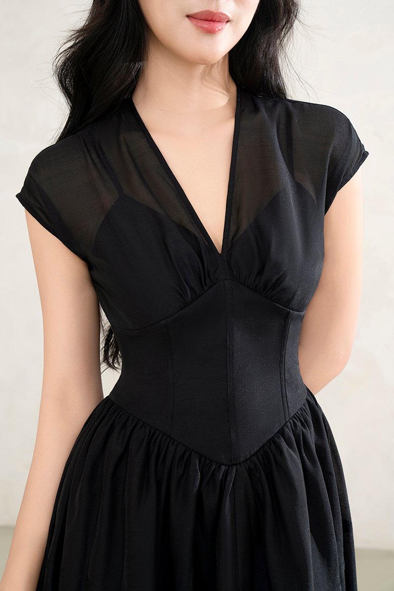 Narin Soft Corset Tier Midi Dress in Classic Black