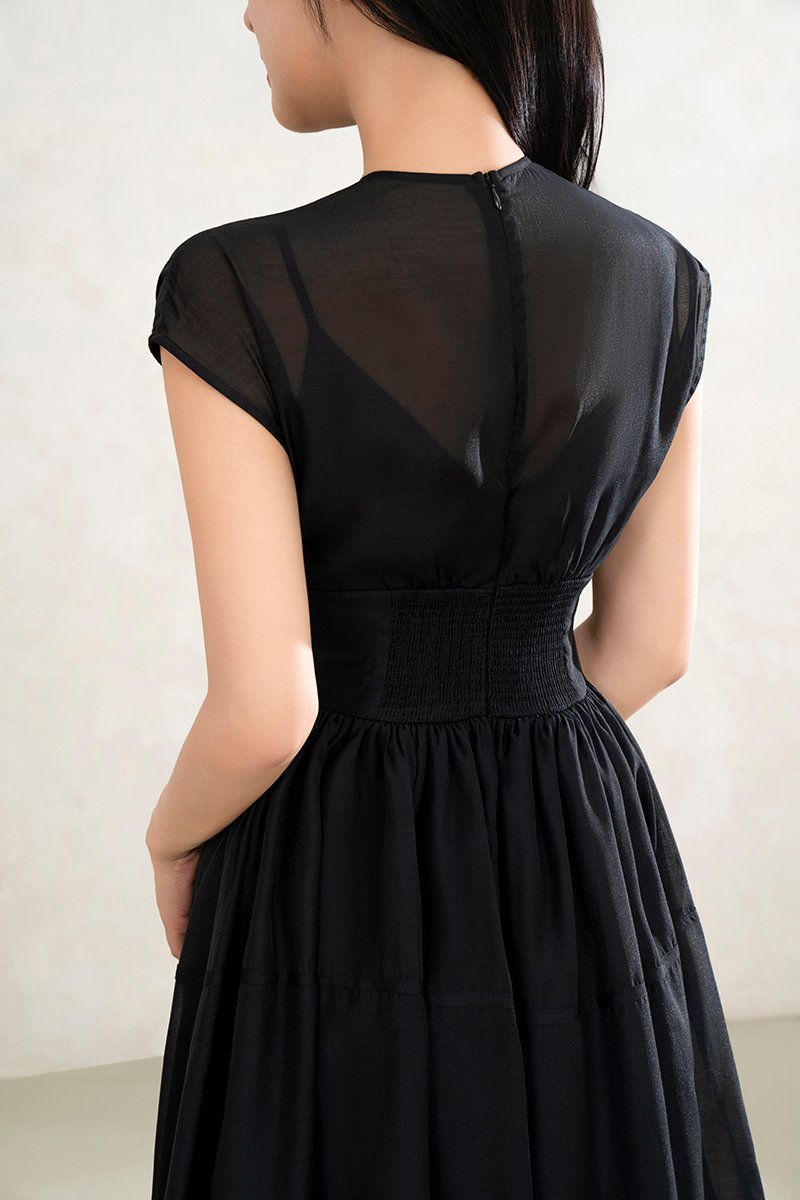 Narin Soft Corset Tier Midi Dress in Classic Black