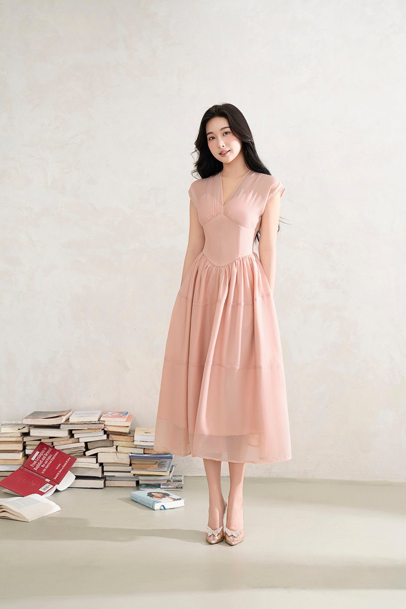 Narin Soft Corset Tier Midi Dress in Nude Pink