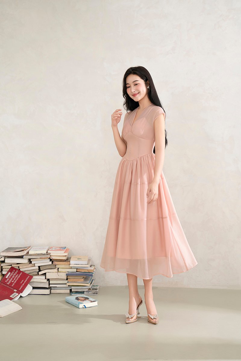 Narin Soft Corset Tier Midi Dress in Nude Pink