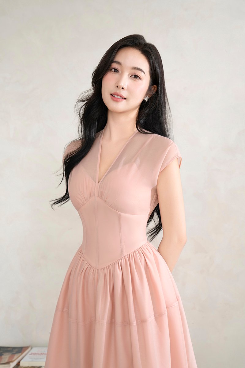 Narin Soft Corset Tier Midi Dress in Nude Pink