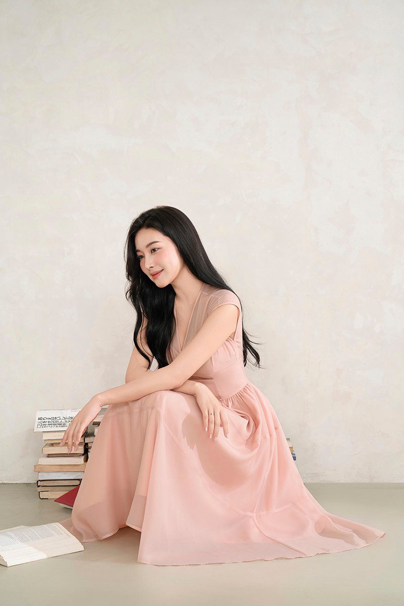 Narin Soft Corset Tier Midi Dress in Nude Pink