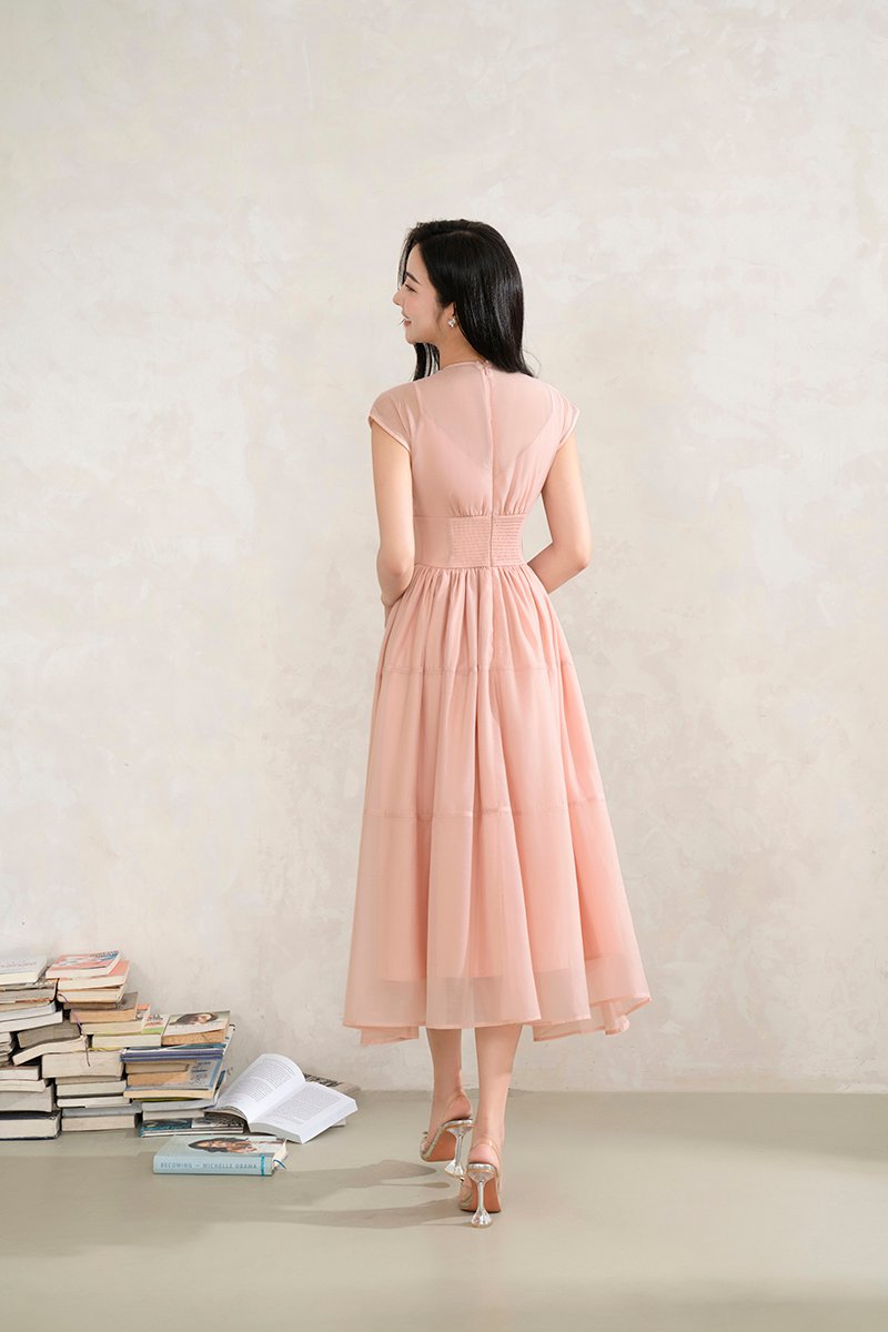 Narin Soft Corset Tier Midi Dress in Nude Pink