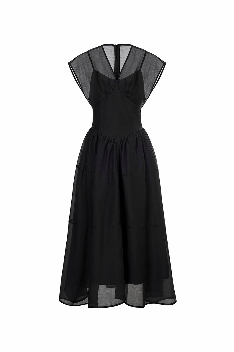 Narin Soft Corset Tier Midi Dress in Classic Black