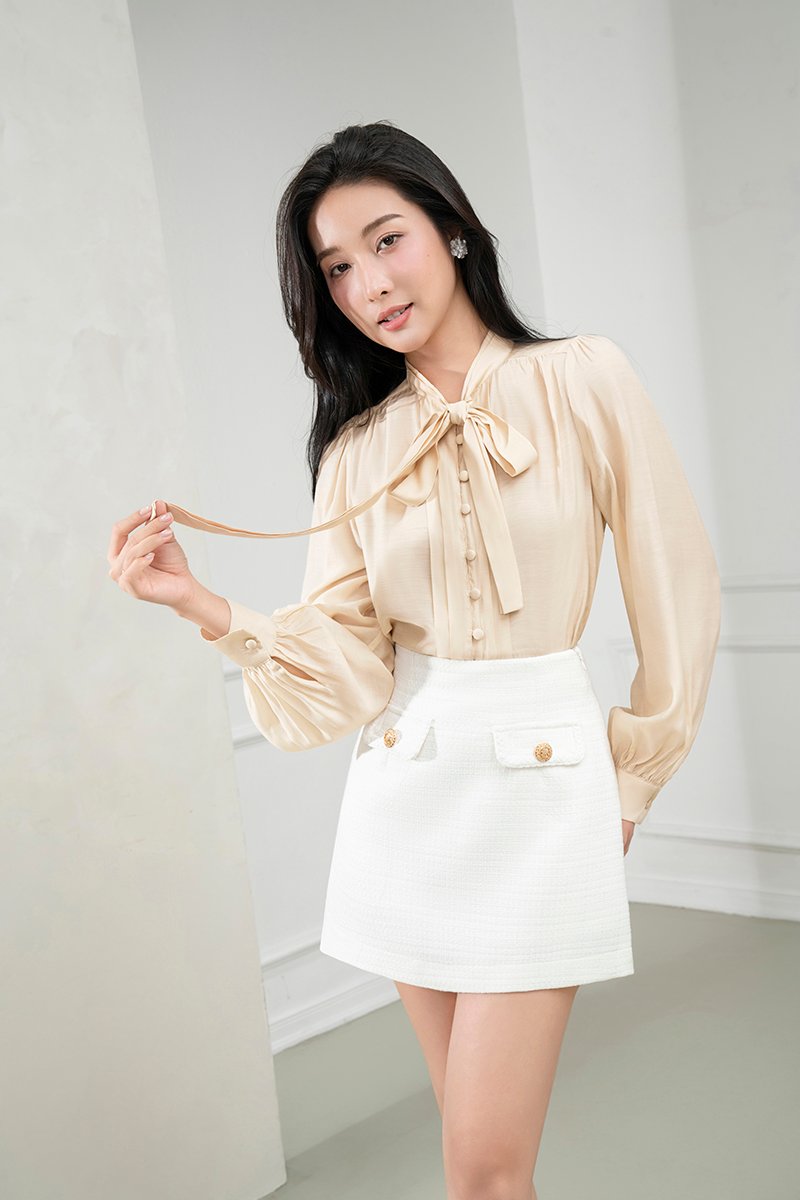 Serin 2-Pcs Pussybow Top in Almond Nude