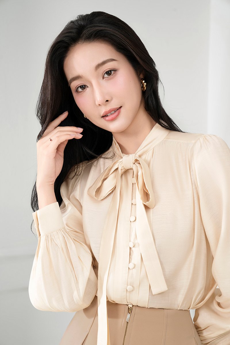 Serin 2-Pcs Pussybow Top in Almond Nude