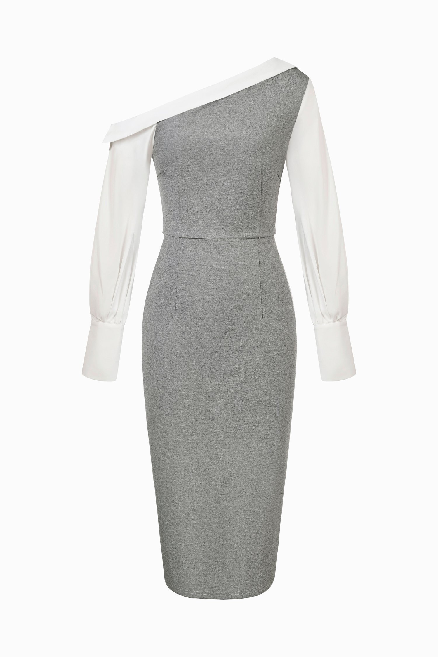 Bora Padded Asymmetrical Contrast Pencil Dress in Light Grey