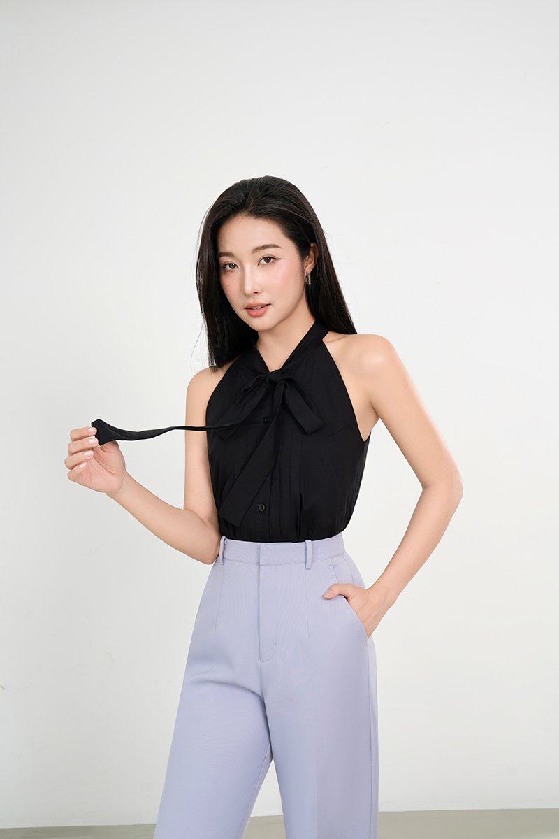 Yeeun Pussybow Halter Top in Classic Black