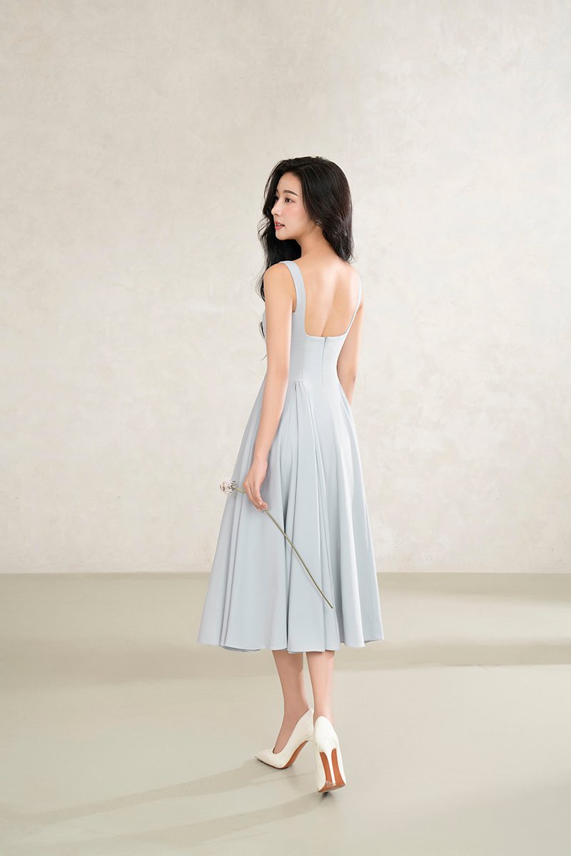 Yejin Padded Flare Midi Dress in Powder Blue