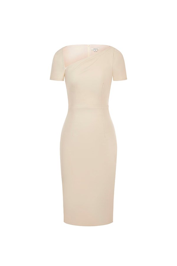Arin Padded Asymmetrical Pencil Dress in Light Bisque