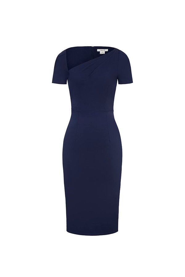 Arin Padded Asymmetrical Pencil Dress in Navy Blue