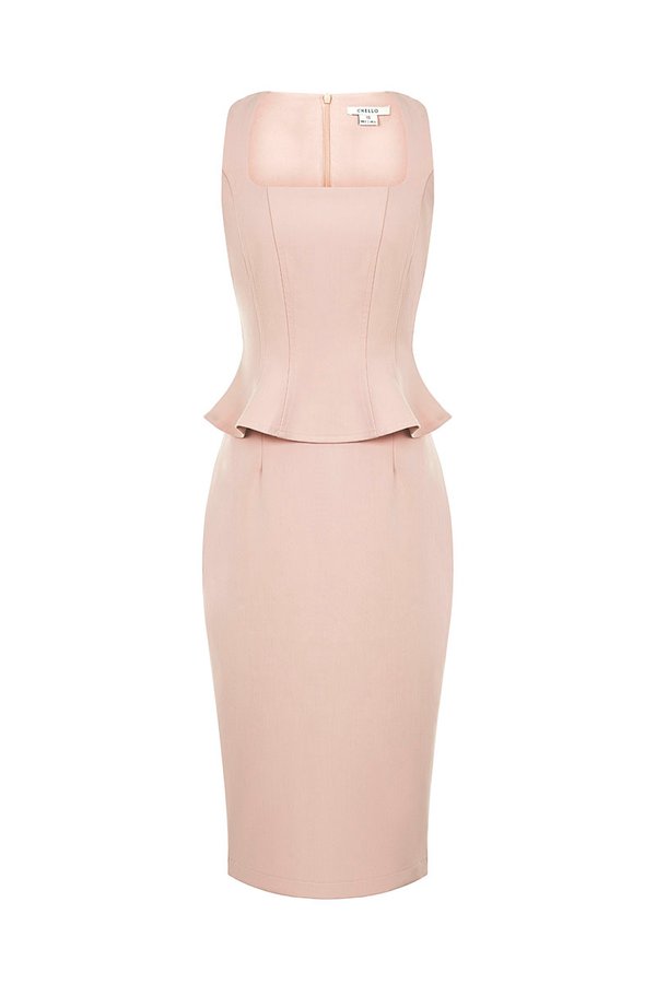 Asa Queen Anne Peplum Pencil Dress in Nude Pink