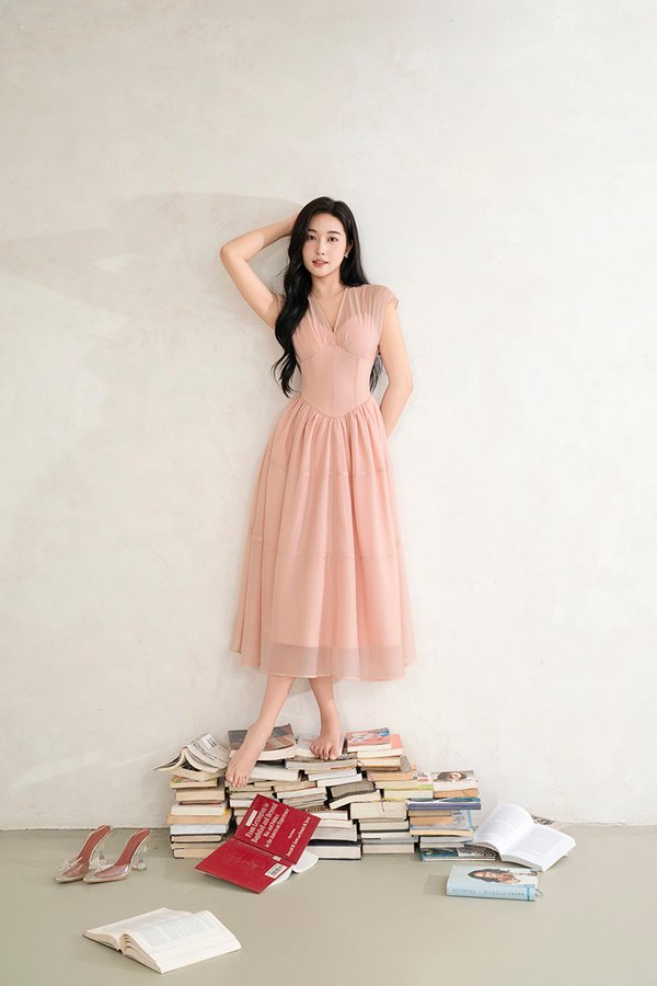 Narin Soft Corset Tier Midi Dress in Nude Pink