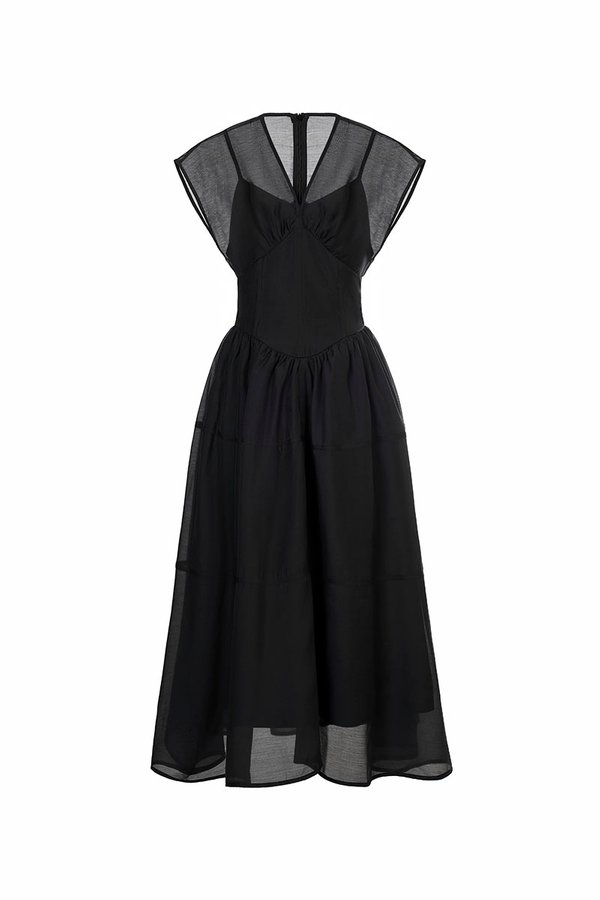 Narin Soft Corset Tier Midi Dress in Classic Black