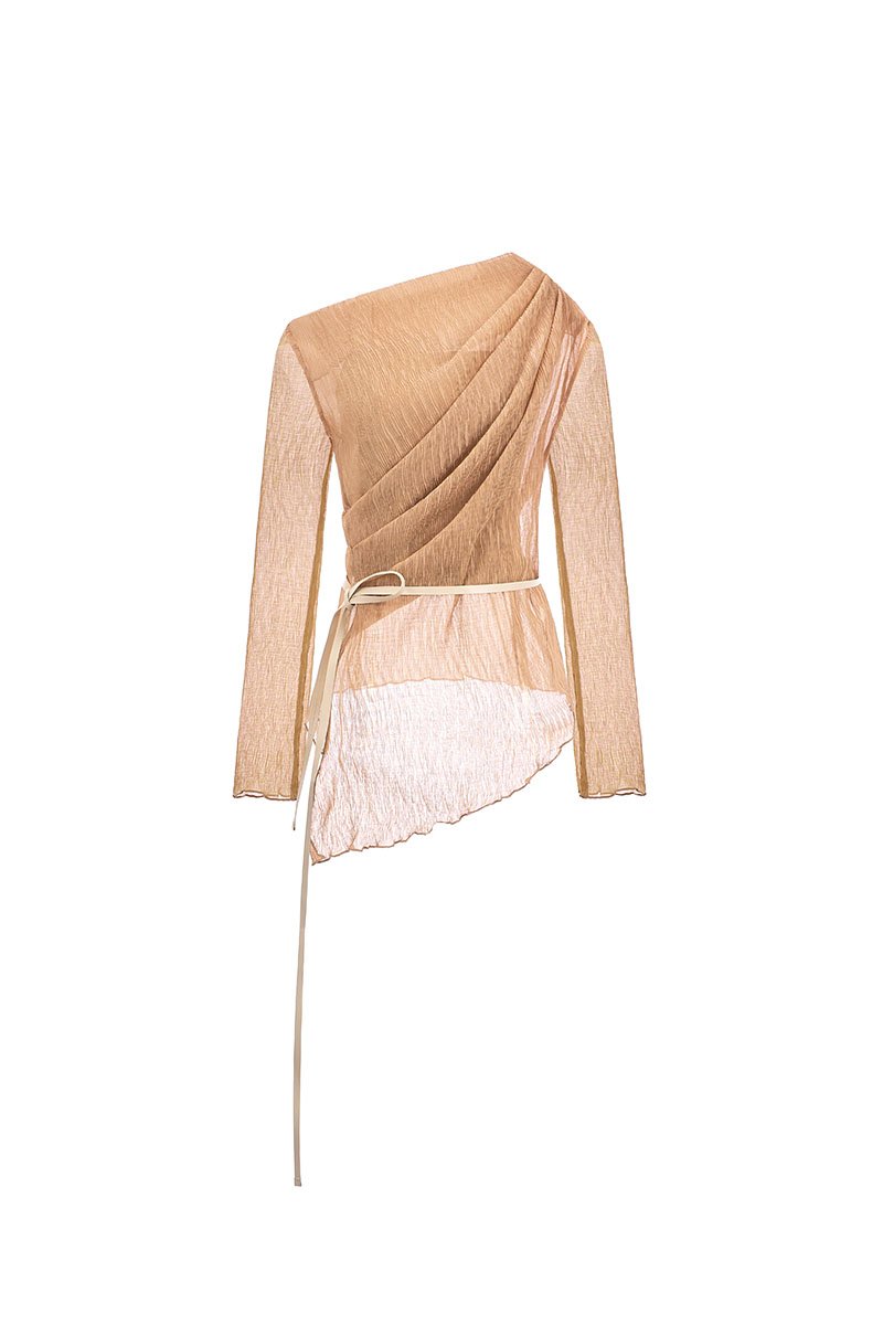 Celia Asymmetrical Pleated Top with Padded Tube in Apricot Bronze