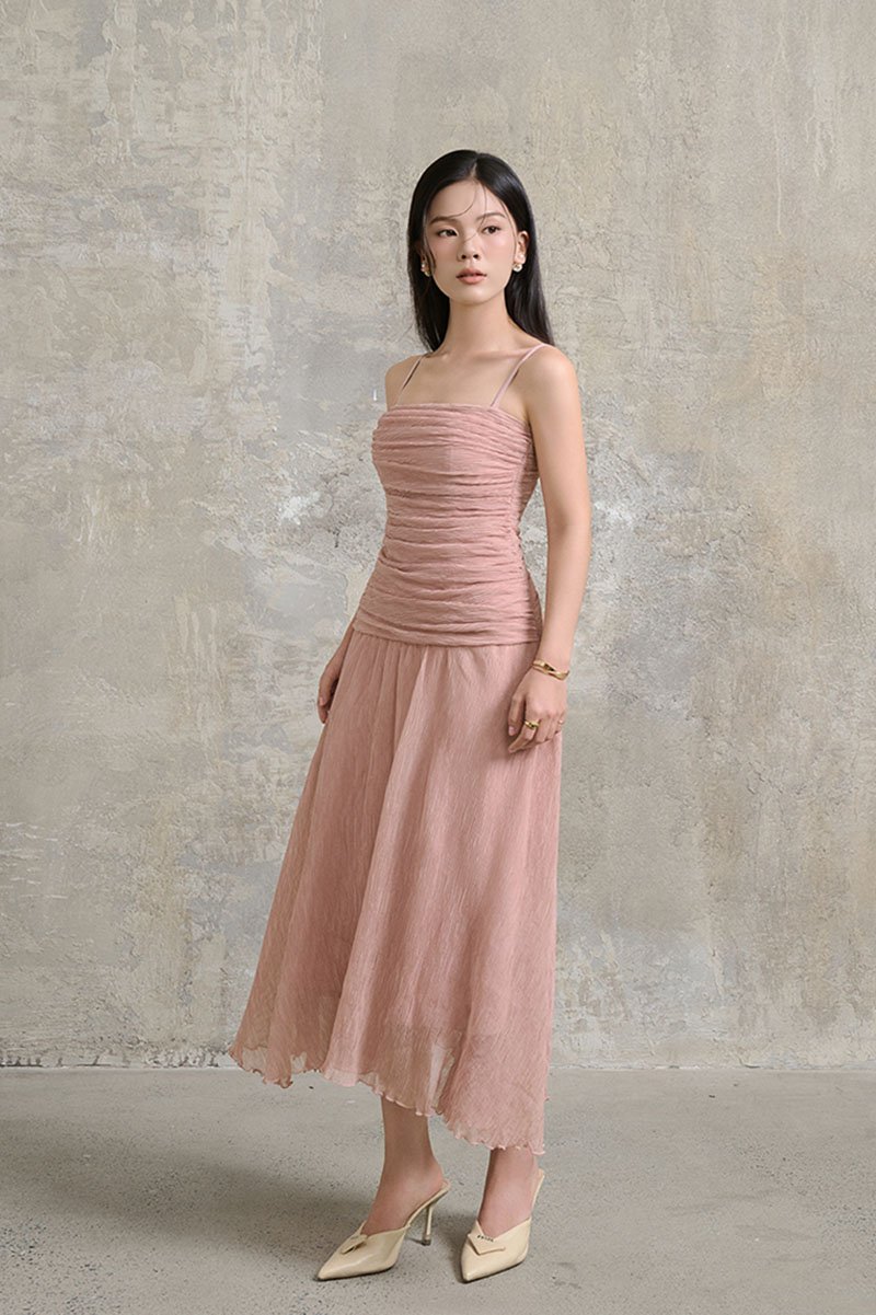 Alouette Padded Draped Midi Dress in Dusty Rose