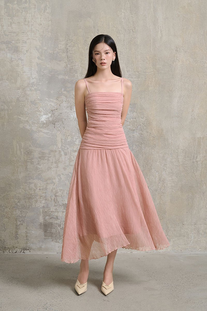 Alouette Padded Draped Midi Dress in Dusty Rose