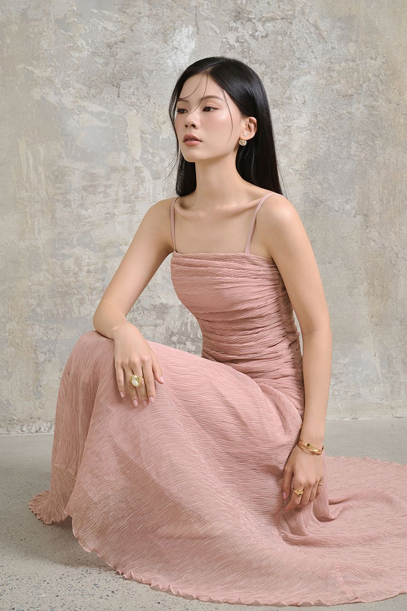 Alouette Padded Draped Midi Dress in Dusty Rose