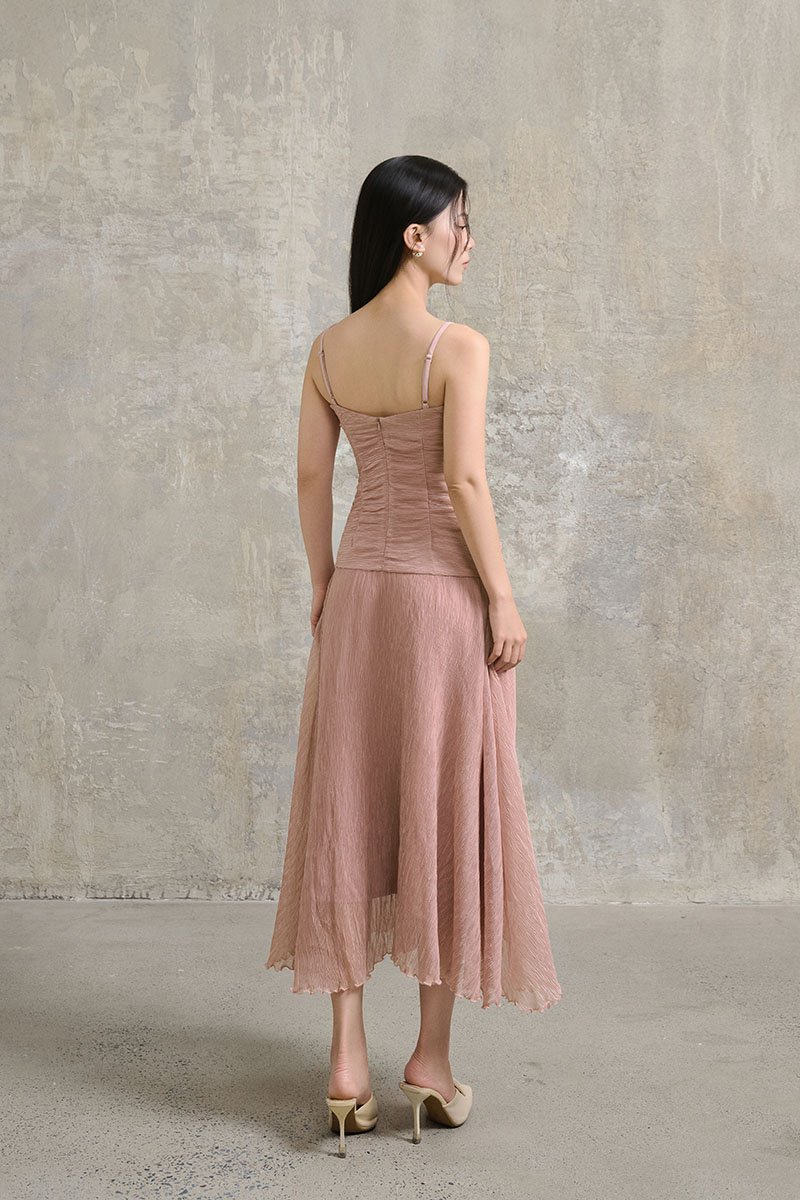 Alouette Padded Draped Midi Dress in Dusty Rose