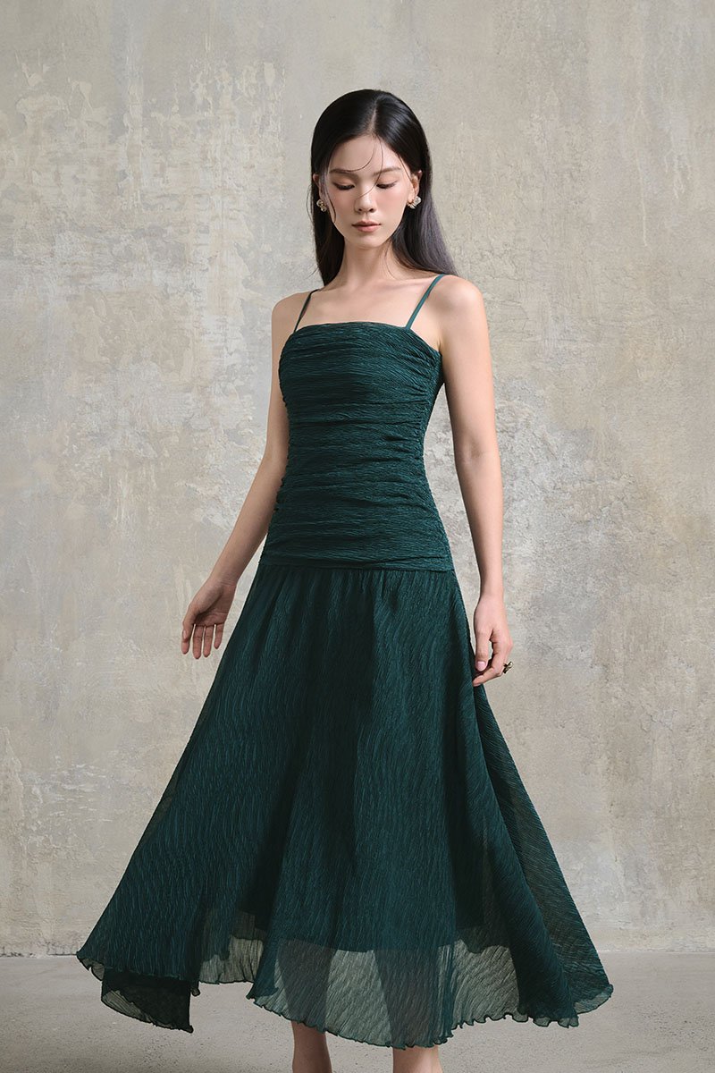 Alouette Padded Draped Midi Dress in Forest Green