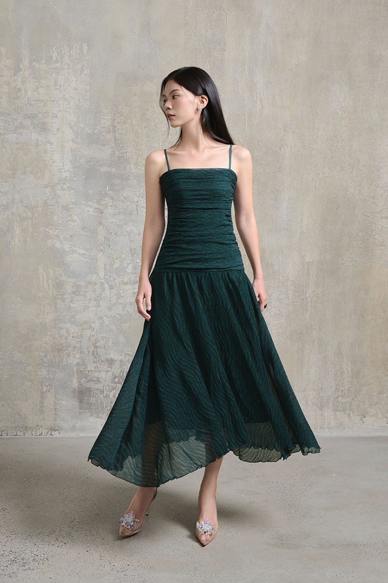 Alouette Padded Draped Midi Dress in Forest Green