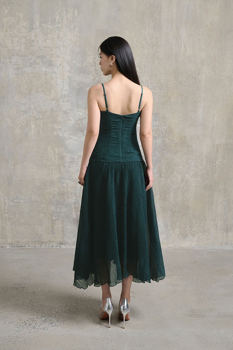 Alouette Padded Draped Midi Dress in Forest Green