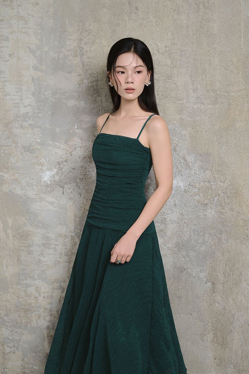 Alouette Padded Draped Midi Dress in Forest Green
