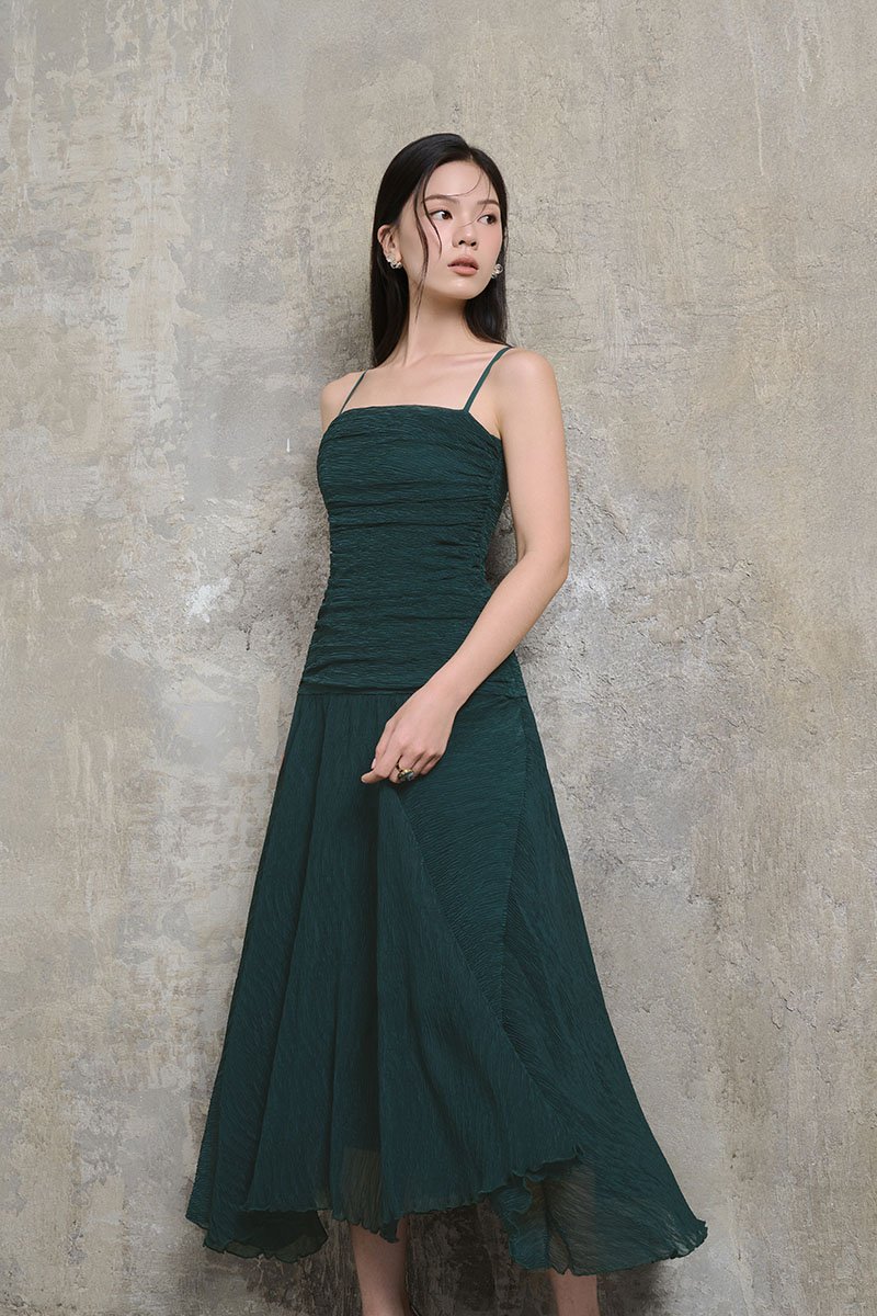 Alouette Padded Draped Midi Dress in Forest Green