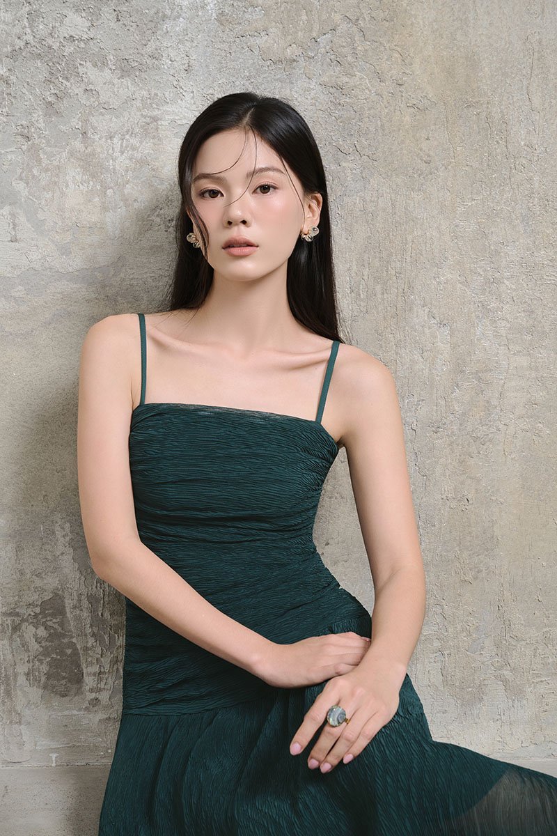 Alouette Padded Draped Midi Dress in Forest Green