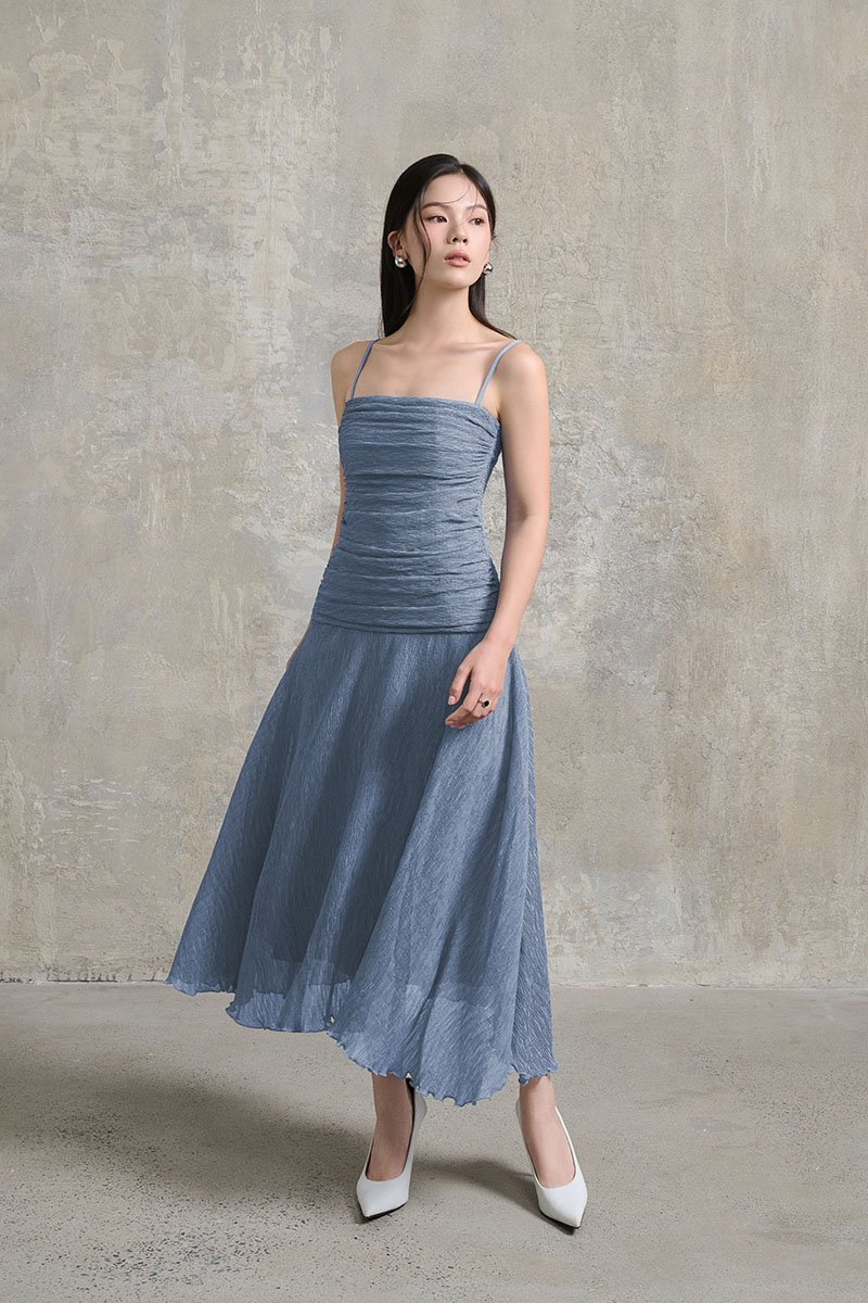 Alouette Padded Draped Midi Dress in Slate Blue